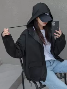 DAZY 落肩抽绳连帽夹克，秋装 - 黑色 - 查看 8