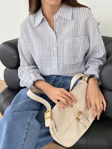 DAZY 条纹印花落肩衬衫，秋装长袖上衣 - 彩色 - 查看 1