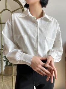 DAZY Drop Shoulder Pocket Patched Shirt - White - View 6