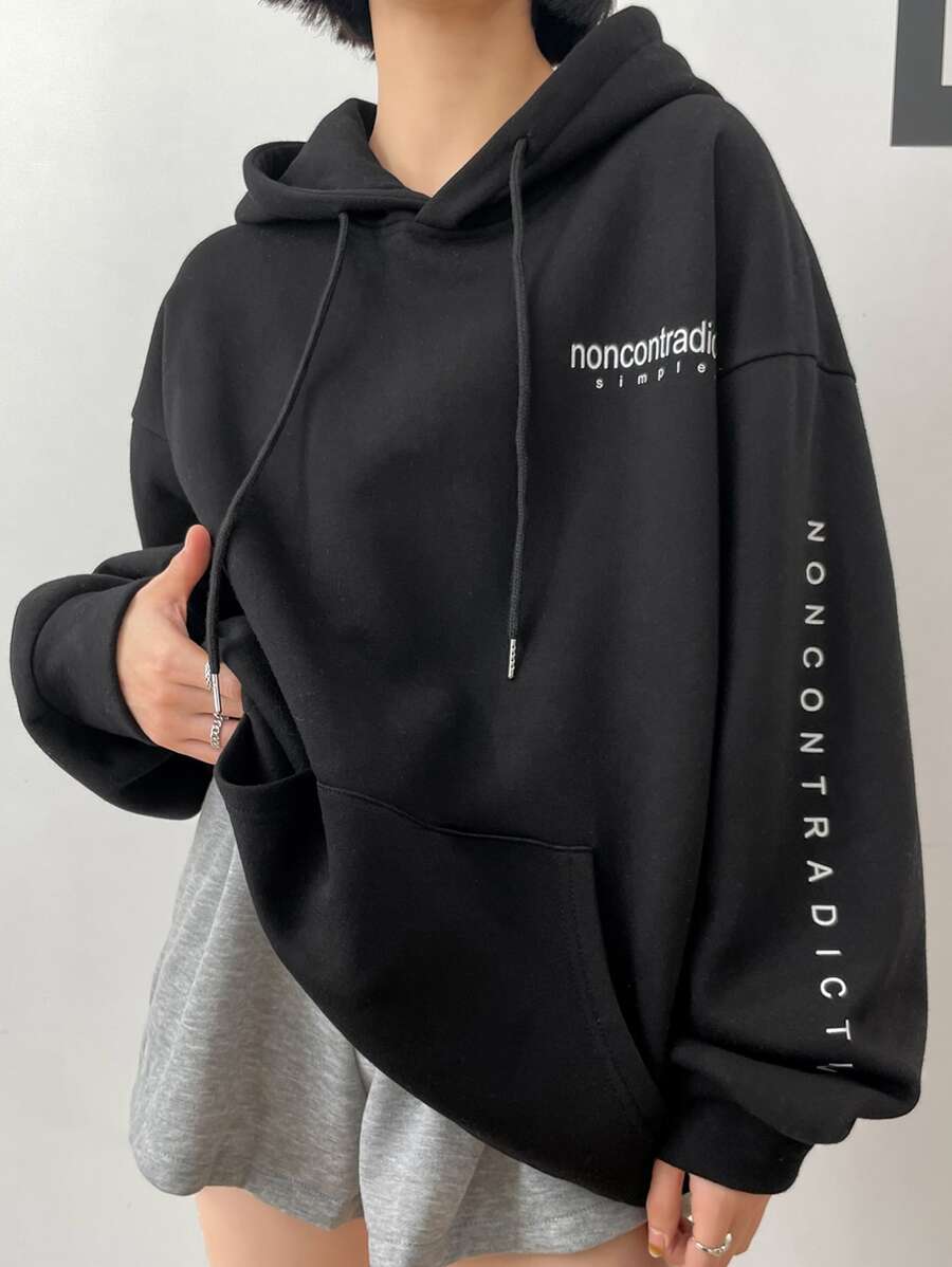 DAZY Letter Graphic Drop Shoulder Drawstring Hoodie,Fall Clothes - Black - View 1