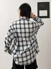 DAZY Plaid Print Drop Shoulder Shirt - Black and White - View 5
