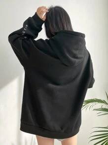DAZY Letter Graphic Drop Shoulder Drawstring Hoodie,Fall Clothes - Black - View 2