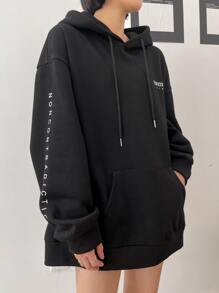 DAZY Letter Graphic Drop Shoulder Drawstring Hoodie,Fall Clothes - Black - View 3