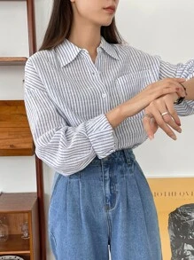 DAZY 条纹印花落肩衬衫，秋装长袖上衣 - 彩色 - 查看 7