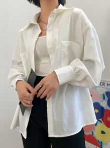 DAZY Drop Shoulder Pocket Patched Shirt - White - View 2