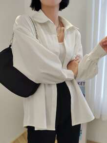 DAZY Drop Shoulder Pocket Patched Shirt - White - View 3