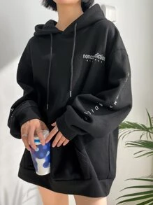 DAZY Letter Graphic Drop Shoulder Drawstring Hoodie,Fall Clothes - Black - View 4