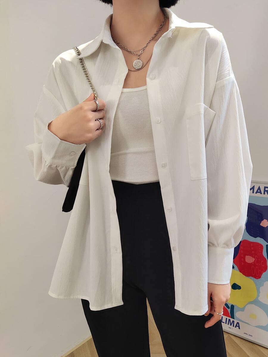 DAZY Drop Shoulder Pocket Patched Shirt - White - View 1