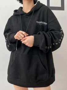 DAZY Letter Graphic Drop Shoulder Drawstring Hoodie,Fall Clothes - Black - View 5