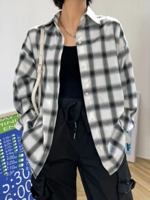 DAZY Plaid Print Drop Shoulder Shirt - Black and White - View 3