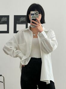 DAZY Drop Shoulder Pocket Patched Shirt - White - View 4