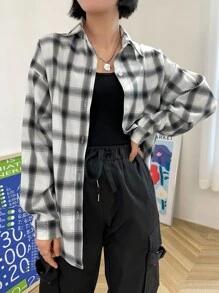 DAZY Plaid Print Drop Shoulder Shirt - Black and White - View 4