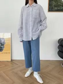 DAZY 条纹印花落肩衬衫，秋装长袖上衣 - 彩色 - 查看 8