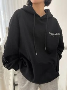 DAZY Letter Graphic Drop Shoulder Drawstring Hoodie,Fall Clothes - Black - View 7