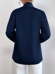 SHEIN BAE Satin Tie Neck Bishop Sleeve Blouse,Long Sleeve Tops - Navy Blue - View 2