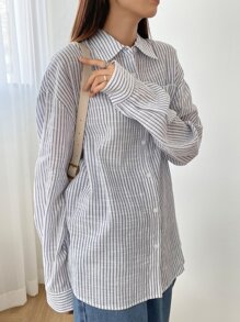 DAZY 条纹印花落肩衬衫，秋装长袖上衣 - 彩色 - 查看 9