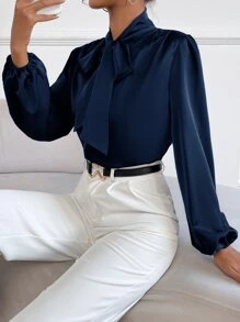 SHEIN BAE Satin Tie Neck Bishop Sleeve Blouse,Long Sleeve Tops - Navy Blue - View 3