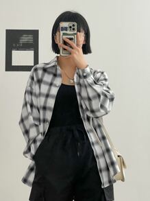 DAZY Plaid Print Drop Shoulder Shirt - Black and White - View 2
