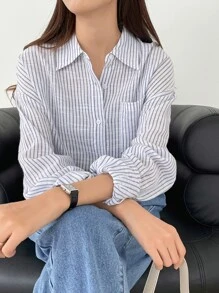 DAZY 条纹印花落肩衬衫，秋装长袖上衣 - 彩色 - 查看 10