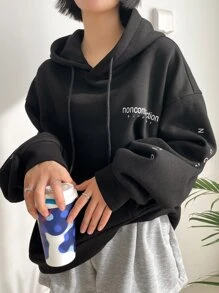 DAZY Letter Graphic Drop Shoulder Drawstring Hoodie,Fall Clothes - Black - View 8