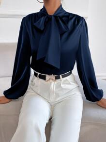 SHEIN BAE Satin Tie Neck Bishop Sleeve Blouse,Long Sleeve Tops - Navy Blue - View 4