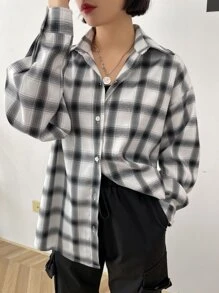 DAZY Plaid Print Drop Shoulder Shirt - Black and White - View 7