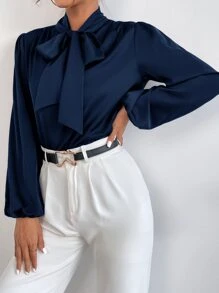 SHEIN BAE Satin Tie Neck Bishop Sleeve Blouse,Long Sleeve Tops - Navy Blue - View 5
