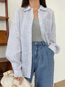 DAZY 条纹印花落肩衬衫，秋装长袖上衣 - 彩色 - 查看 11