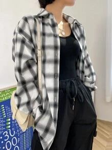 DAZY Plaid Print Drop Shoulder Shirt - Black and White - View 1