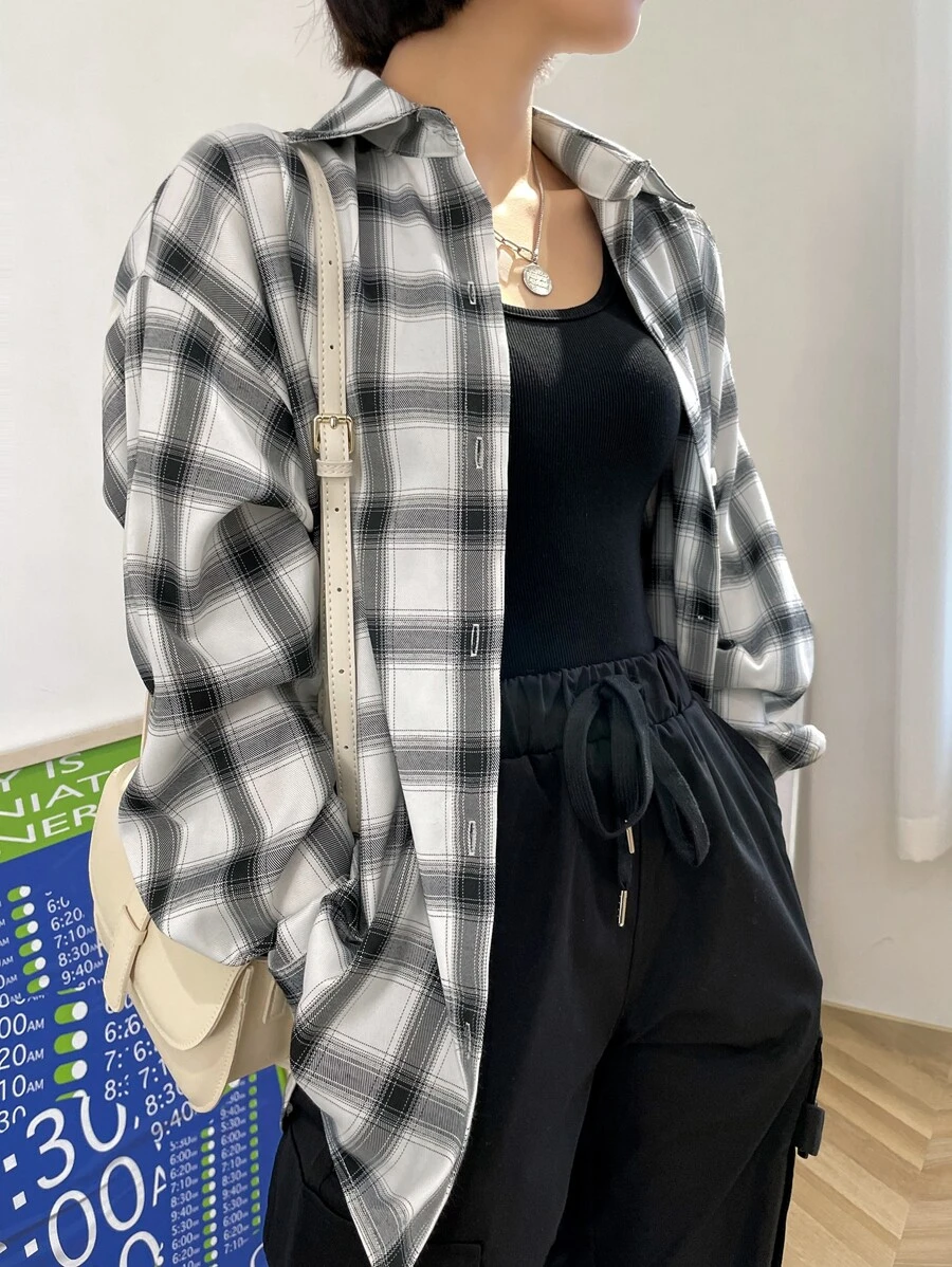 DAZY Plaid Print Drop Shoulder Shirt - Black and White - View 1