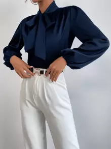 SHEIN BAE Satin Tie Neck Bishop Sleeve Blouse,Long Sleeve Tops - Navy Blue - View 6