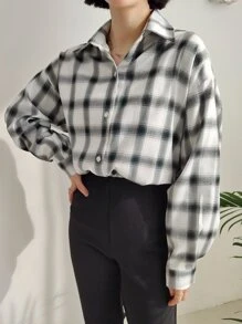 DAZY Plaid Print Drop Shoulder Shirt - Black and White - View 8
