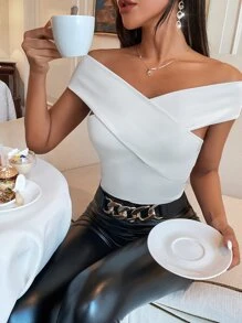 SHEIN Privé Áo nữ Hội Chữ thập Trọn gói Gân đan màu trơn Giải trí - trắng - Xem 1