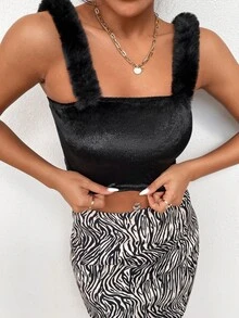 Fuzzy Strap Crop Velvet Cami Top - Black - View 4
