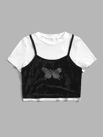 Top à fines brides papillon à strass & T-shirt unicolore