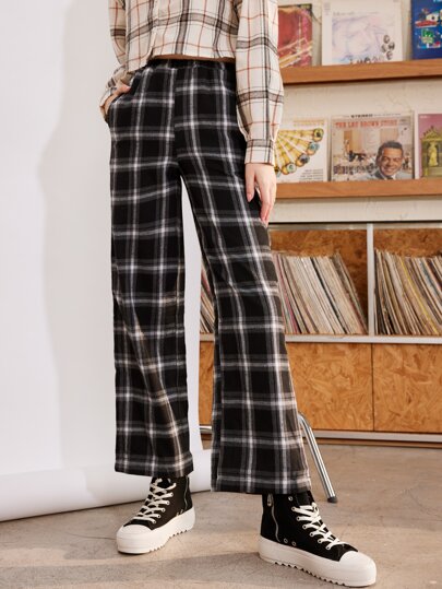 بنطلون ساق واسعة ذو نمط مربعات للموسم الخريفي