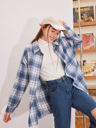 Kariertes Hemd mit Knopfleiste und Dropped Shoulder, Herbstkleidung, Flanell Damen Langarmoberteil