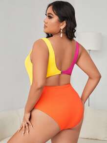 SHEIN Swim Curve Plus Color Block Rib Cut-out One Piece Swimsuit - Multicolor - View 2
