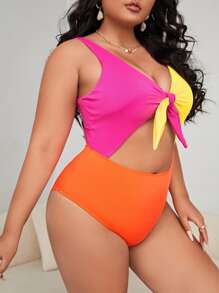SHEIN Swim Curve Plus Color Block Rib Cut-out One Piece Swimsuit - Multicolor - View 3