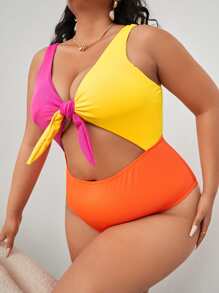 SHEIN Swim Curve Plus Color Block Rib Cut-out One Piece Swimsuit - Multicolor - View 4