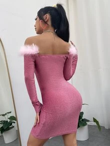 Vestido ajustado de peluche ribete de hombros descubiertos brillante - Rosa vieja - Ver 2