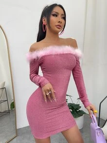 Vestido ajustado de peluche ribete de hombros descubiertos brillante - Rosa vieja - Ver 5