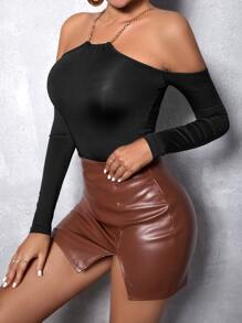 SHEIN SXY 鏈條帶挖肩T恤 - 黑色 - 查看 3