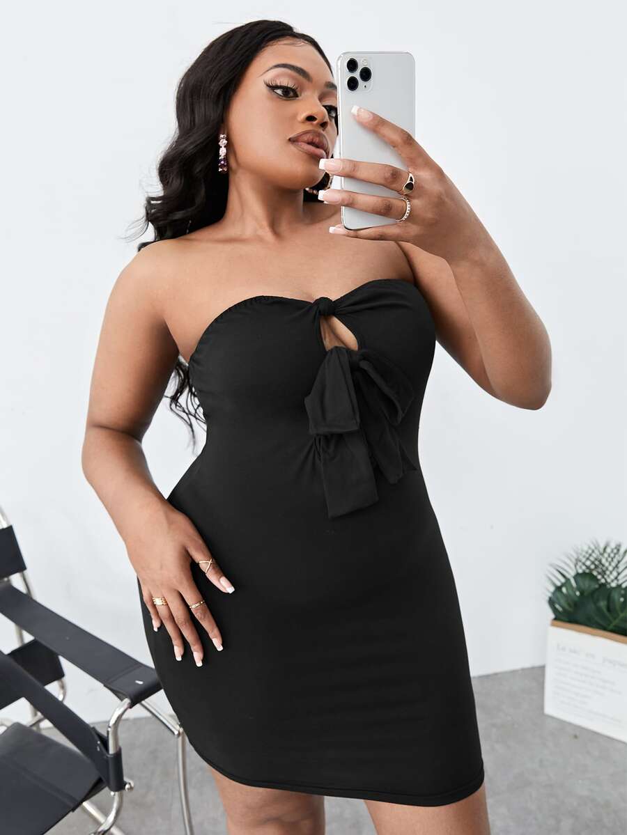 SHEIN SXY Đầm Plus Size Cắt ra Thắt nút màu trơn Gợi cảm - màu đen - Xem 1