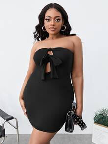 SHEIN SXY Đầm Plus Size Cắt ra Thắt nút màu trơn Gợi cảm - màu đen - Xem 4