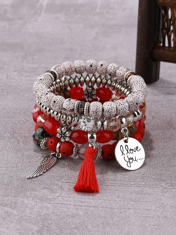 4pcs Tassel & Disc Charm Beaded Bracelet picture 1