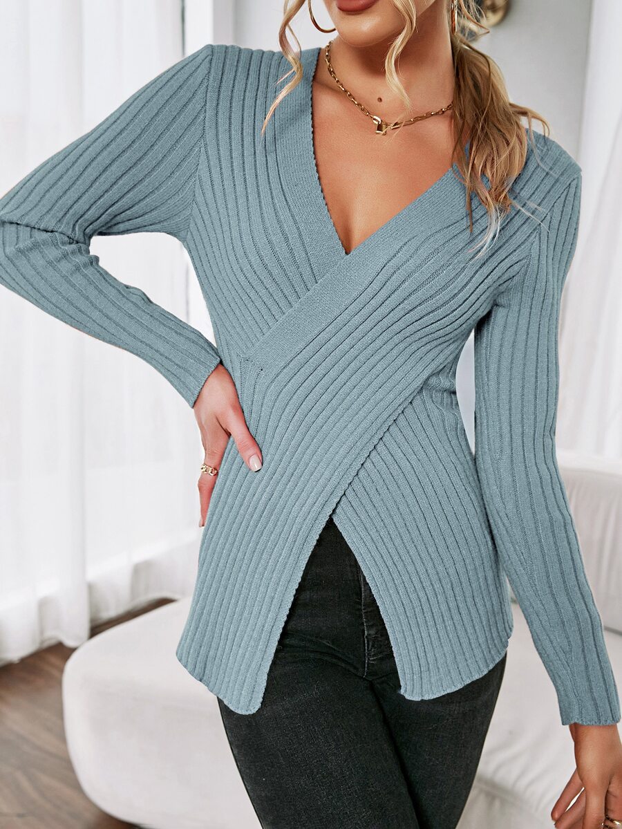 SHEIN Essnce Wrap Front Rib-Knit Jumper - Dusty Blue - View 1