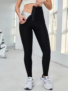 Yoga Basic Mallas de entrenamiento, absorbe el sudor, mallas moldeadoras transpirables con textura de panal con diseño de gancho y ojo - Negro - Ver 1