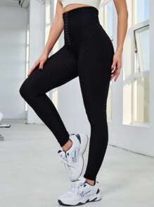 Yoga Basic Mallas de entrenamiento, absorbe el sudor, mallas moldeadoras transpirables con textura de panal con diseño de gancho y ojo - Negro - Ver 4