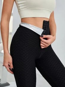 Yoga Basic Mallas de entrenamiento, absorbe el sudor, mallas moldeadoras transpirables con textura de panal con diseño de gancho y ojo - Negro - Ver 5